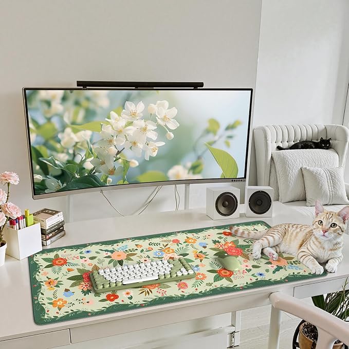iCasso Floral Desk Mat for Keyboard and Mouse,Green Floral | Cute Gaming Mouse Pad,Anti-Slip Soft Lycra Surface Computer Mat Women,Girly Big Mousepad for Home Office
