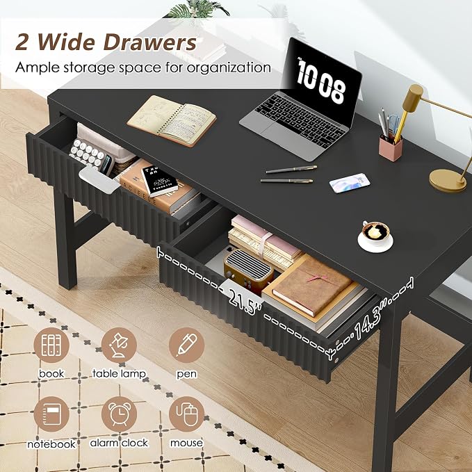 47 Inch Small Fluted Computer Desk with 2 Drawers for Bedroom, Home Office | Small Computer Desk with Storage, Compact Writing Study Vanity Desk for Small Spaces, Black