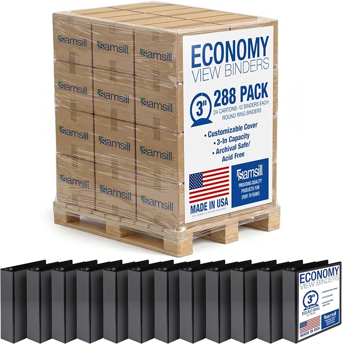 Samsill Economy 3 Inch 3 Ring Binder Bulk Pallet, Round Ring Binder, Customizable Clear View Cover, Black, Pallet of 288 Binders in 24 Cartons