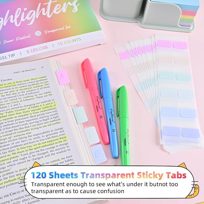 Assorted Colors Fluorescent Highlighters, 15 Count, with 120 Pcs Sticky Index Tabs, Chisel Tip Colored Highlighter Bulk, Quick Drying, Perfect for Students Adults Classroom, School, Office