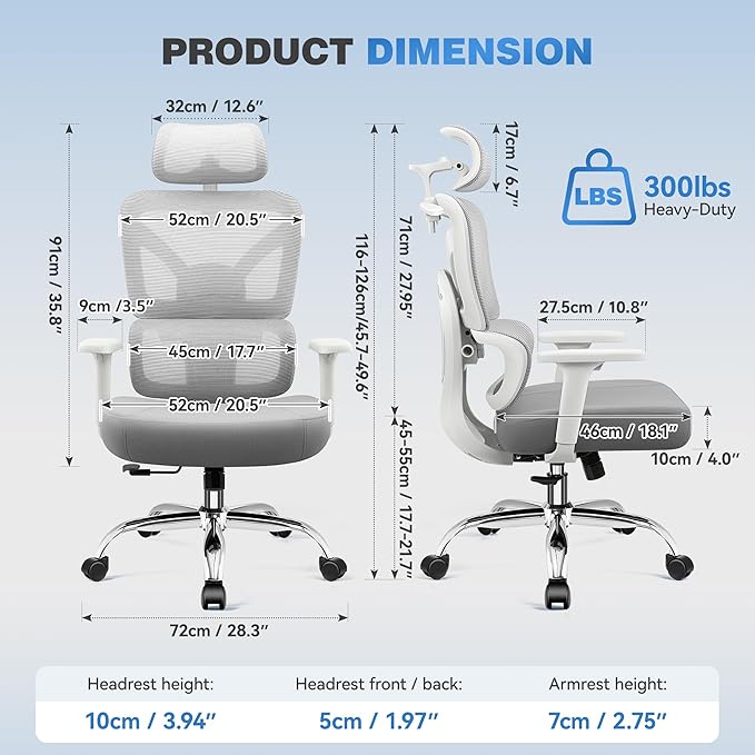 Ergonomic Office Desk Chair, High Back Mesh Office Chair with Adjustable Lumbar Support, 3D Headrest, Big and Tall Home Computer Desk Chairs Comfy for Work, Gaming, 300lbs, (Gray, 6 Pack)