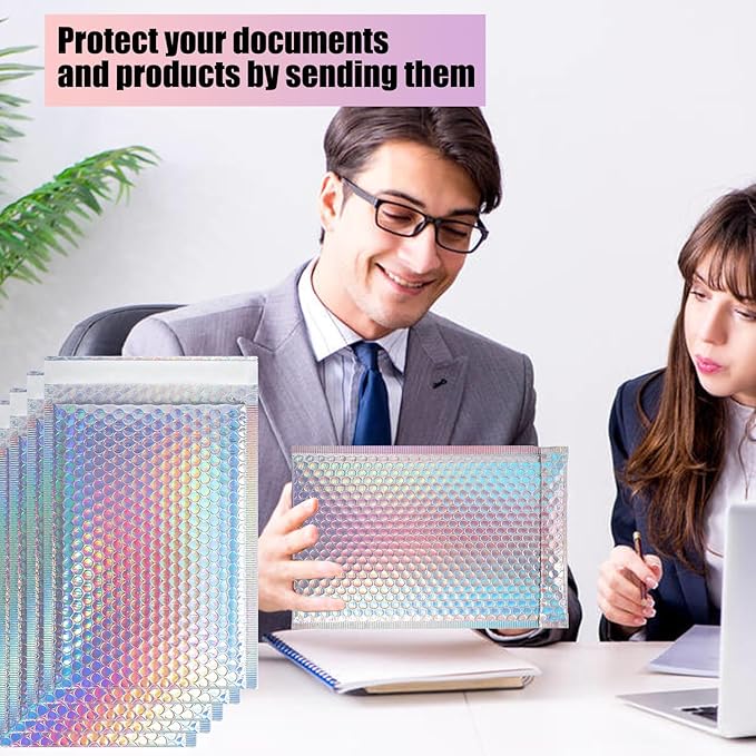 50 PCS Metallic Bubble Mailers,Poly Padded Envelopes,Holographic Bubble Mailers,Waterproof Shipping Bags,Self Seal Foil Glitter Glamour Cushion Envelopes for Mailing,Packing,Small Business
