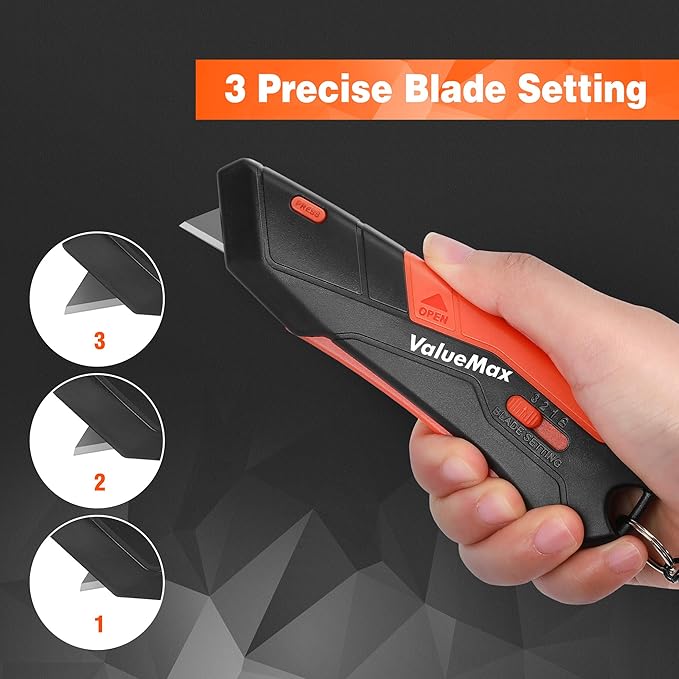ValueMax 4-Pack Box Cutter Knife, Cardboard Cutter with Self-Retracting 3-Position Locking Blade, Safety Sheath, Lanyard, 36 Blades Included, Blade Storage Design, for Cartons, Cardboard and Boxes