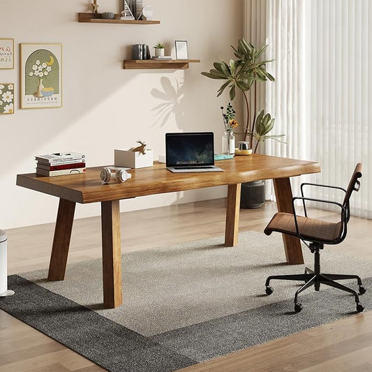 Solid Wood Desk 55 inches, Live Edge Wooden Home Office Computer Desk Modern Simple Design for Writing, Study, Dining, Gaming
