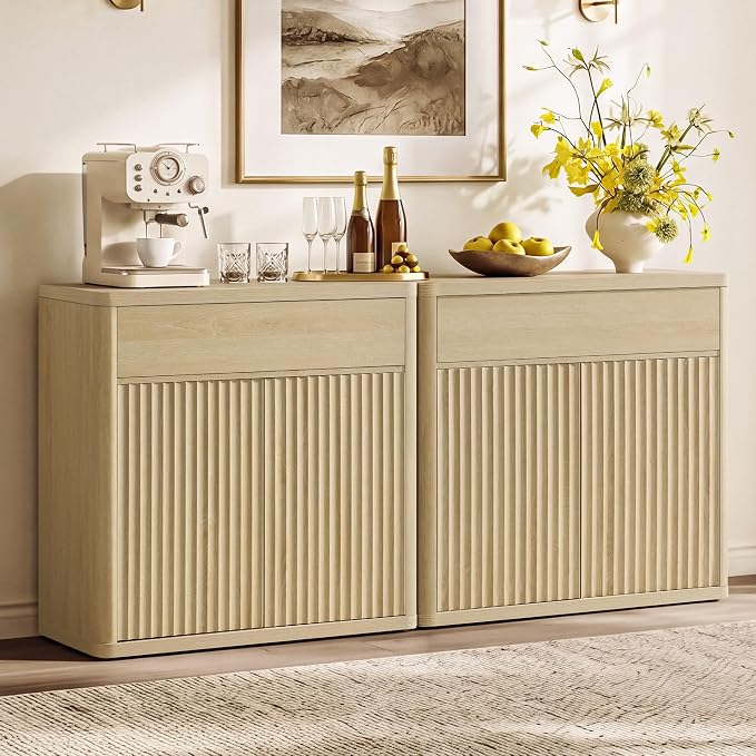 SICOTAS Buffet Cabinet with Storage - Accent Fluted Storage Cabinet with 4 Doors & 2 Drawers Sideboard Credenza Buffet Table Console Cabinets for Living Room Kitchen Dining Room Entryway Office