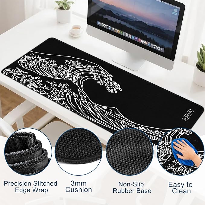 Gaming Desk Mat with Silky Smooth Surface & Exquisite Patterns,31.5x11.8 Inches Large-Sized Mouse Pad, Perfect for Extended Gaming,Work,and Home Office Decor (Kanagawa Waves 3)