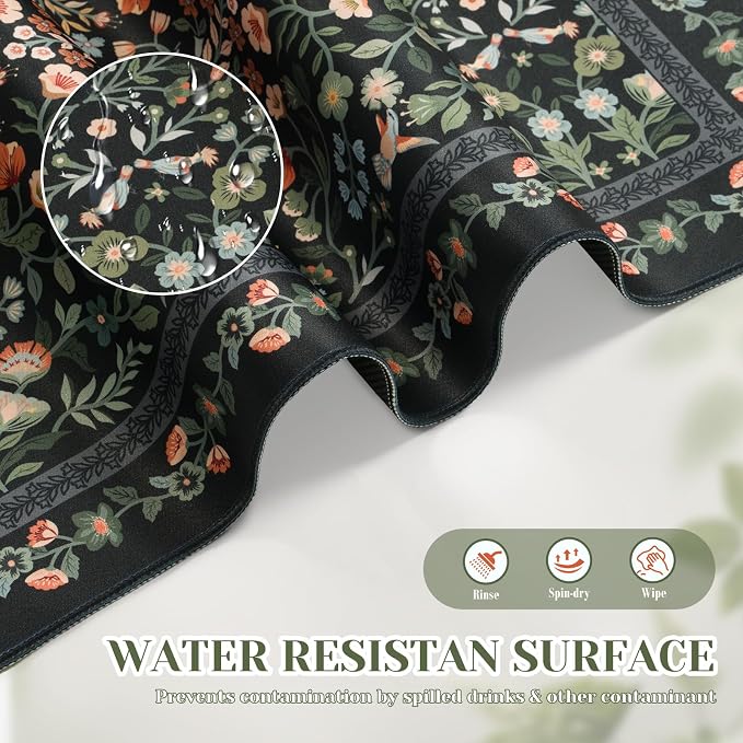 iCasso Aesthetic Floral Desk Mat,Retro Mouse Pads,31.5x11.8in, Black | Anti-Slip Mousepad with Stitched Edges, Waterproof Computer Pad, Desk Accessories Office Decor for Women