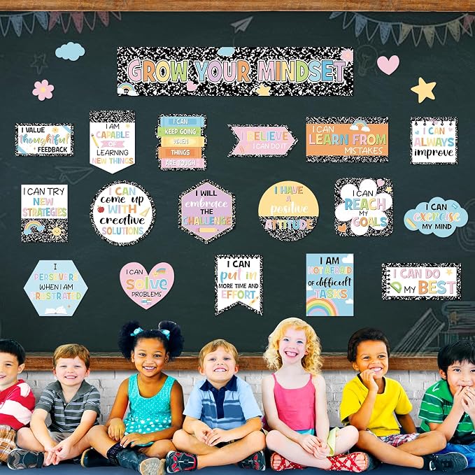 24Pcs Composition Classroom Bulletin Board Decor Girl Style Grow Your Mindset Positive Sayings Accent Cutouts Inspirational Bulletin Board Sets for School Students Teacher Office Home Wall Supply