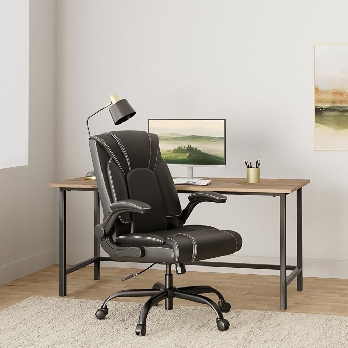 Flip-Up Arms Executive Office Chair, 300lbs, Hydrolysis-Resistant Leather | Flip-up arms, waterfall pads. 5-year durable leather. Sturdy BIFMA, 300lbs. Tilt relax, class 4 lift.