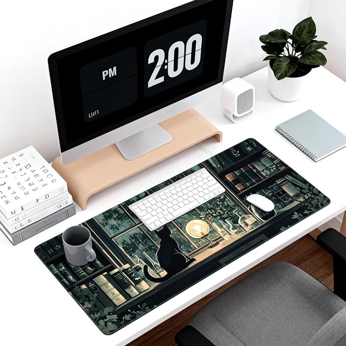 Anime Black Cat Gaming Mouse Pad, Forest Green Mystical Desk Mat with Anti-Slip Base & Stitched Edges, Office & Home Desk Decor for Women, 35.4" x 15.7" in Computer Desktop Mat
