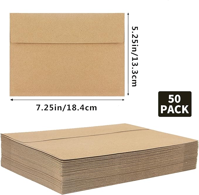 50pcs packed Kraft Envelopes, A7Envelopes, printable invitation envelopes,5x7 envelopes, suitable for weddings, invitations, photos, postcards, greeting cards, mailings