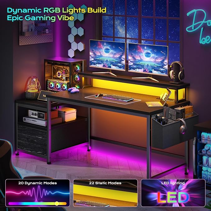 EnHomee 56.5" Office Desk with Drawers & Printer Space for Home Work,Black | Computer Desk with 3 AC Outlets& 2 USB Ports,Waterproof LED Strip Lights,Monitor Stand & Side Pockets,Home Office,Bedroom