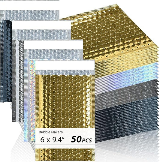 50 Pcs Metallic Bubble Mailers Holographic Bubble Mailers 6 x 9.4 Inch Self Seal Waterproof Shipping Bags Self-Seal Adhesive Poly Padded Envelopes for Mailing Packaging Small Business