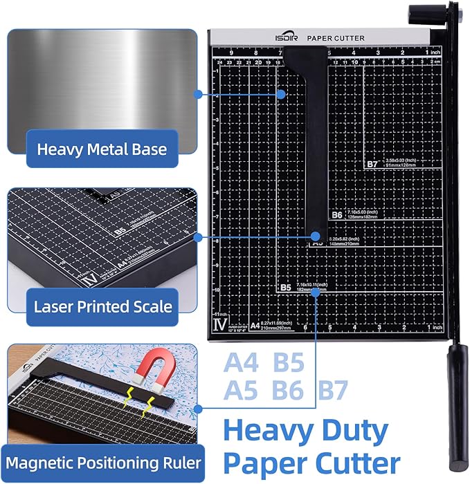ISDIR 12” Heavy Duty Metal Paper Cutter - 15 Sheet High Capacity Guillotine Trimmer with Blade Safety Lock & Magnetic Guide, Professional Craft Cutter for Cardstock, Photos, DIY & Office