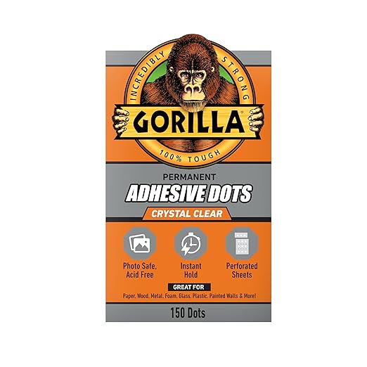 Gorilla Adhesive Dots, Double-Sided, Clear, 0.5" Diameter, 150 Pieces | No Mess, Photo Safe, Acid Free, Instant Hold, Ideal for Scrapbooking and Crafts