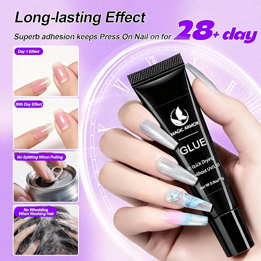 Nail Glue for Press Ons and 15g Remover with Cuticle Pusher Set, No UV Needed, Quick Dry Strong Semi Solid Glue for Press On, Long Lasting Adhesive for Fake Acrylic Nails