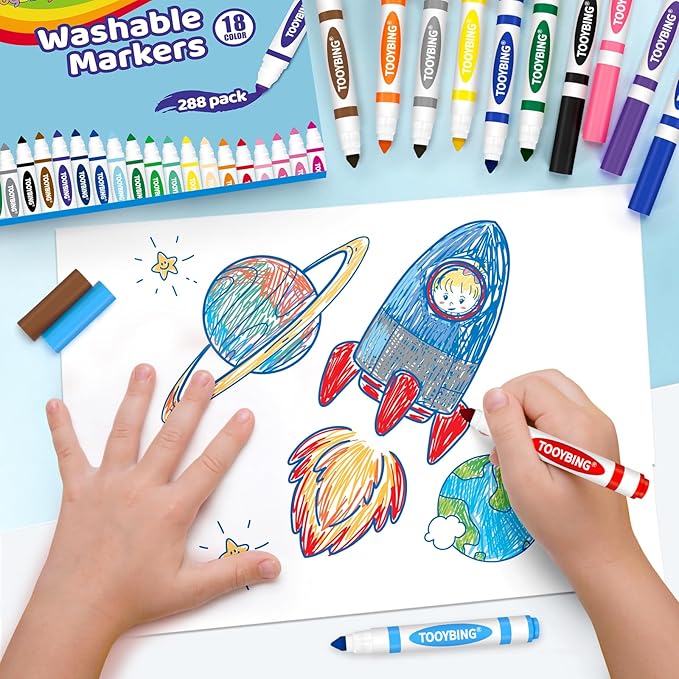 Washable Markers Bulk (288 Count), 18 Assorted Colors, Washable Markers for Kids Classroom School, Broad Tip Durable for Back to Classroom Art School Supplies Essentials
