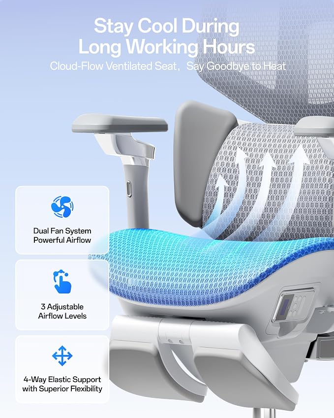 Hbada X7 Smart Ergonomic Chair, Office Chair, with Fully Automated Lumbar Tracking, 4D Adjustable Headrest, 720° Adjustable Armrests, Ventilated Seat Cushion, Grey