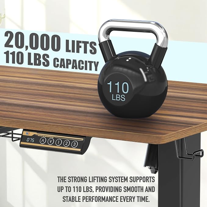 SHW 40-Inch Electric Height Adjustable Standing Desk w/Drawer, Walnut | w/ Memory Presets and Cable Management | Drawer with adjustable compartments | Hanging Hooks