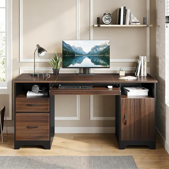 Bestier 59" Office Desk with File Drawer, Keyboard Tray & 2 Drawers, Cherry | File Drawer For Letter/A4/Legal Folders, 2 Storage Drawers, Keyboard Tray, Cable Management, 200 LBS Capacity, Cherry Finish