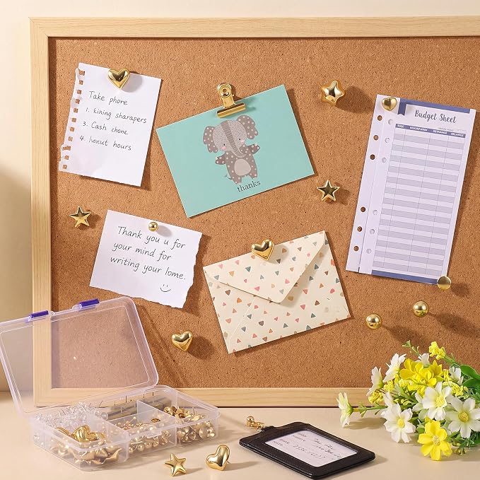 BESARME 175 Pcs Gold Push Pins for Bulletin Board, 8 Style Thumb Tacks Decorative Pins with Push Pin Hook Pushpin Clip for Cork Boards Maps Photos Vision Boards Office Classroom Home Organization
