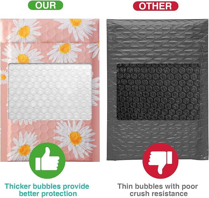 Metronic 4x8 Inch Bubble Mailer 100Pack, Pink Small Bubble Mailers, Fancy Daisy Bubble Envelopes, Self-Seal Adhesion Envelope Mailers,Small Padded Mailers for Packing, Bubble Mailers Usable Size 4x7