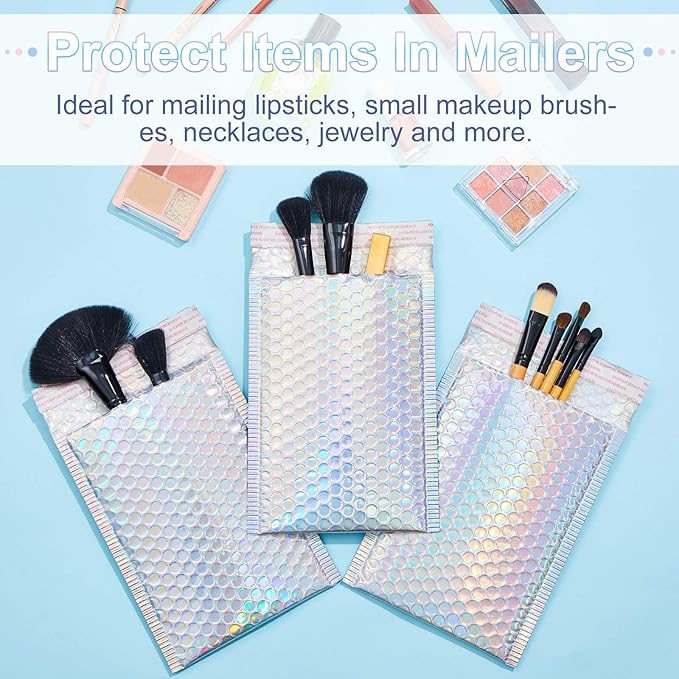 Henoyso 60 Pcs 8 x 11.5 Inch Holographic Bubble Mailers Metallic Bubble Envelopes Waterproof Self Seal Shipping Bags Thick Cushioning Mailers for Makeup Jewelry Small Business Packaging, Rainbow Color