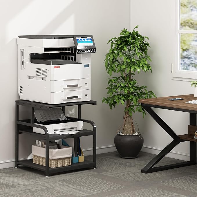 Fannova 25.6"x23.6" Extra Large Printer Stand with Adjustable Storage Shelf | Heavy Duty 3D Printer Table with Metal Frame, 3 Tier Rolling Printer Cart with Industrial Wheels for Home Office, Black