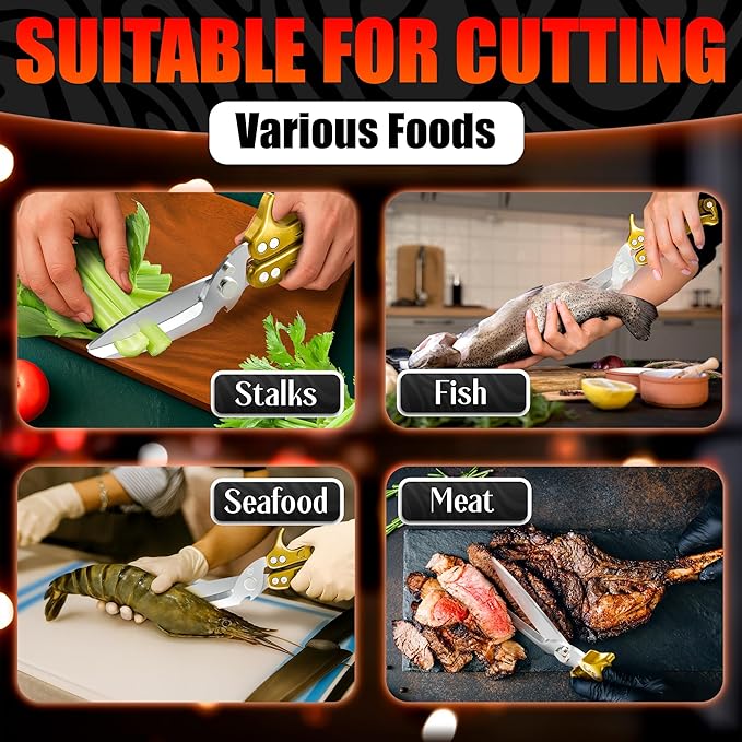 4-in-1 Multifunction Heavy Duty Kitchen Shears – Sharp Seafood, Fish, Turkey & Chicken Shears with Non-Slip Metal Handle & Micro-Serrated Blades for Meat – Spring-Loaded Bone Scissors (Gold)