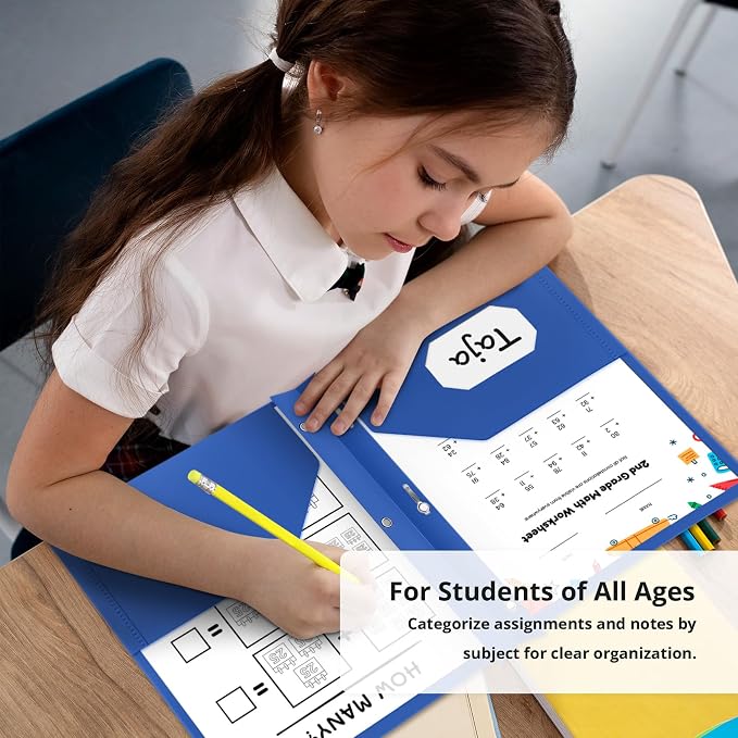 Taja Plastic Folders with Pockets and Prongs (6 Pack, Blue), 2-Pocket Poly Folders with 3 Hole Punch and Business Card Slot, Fits Letter Size Paper, for School, Office, or Home Use