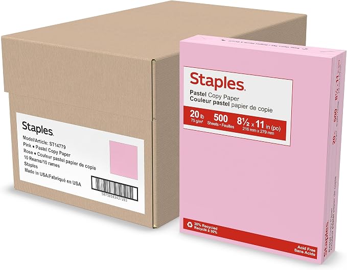 Staples Pastel 30% Recycled 8.5" x 11" Color Copy Paper, 20 Lbs., Pink, 5000 Sheets/Carton