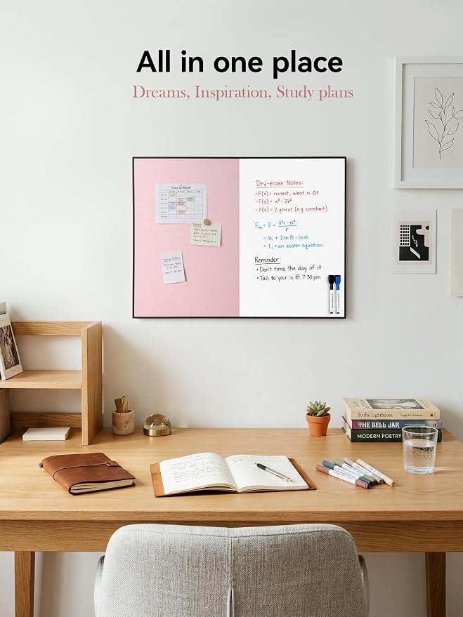 Cork Board White Board Combo for Wall | 24"X18" Linen Bulletin Board Whiteboard, Magnetic Dry Erase Corkboard for Home, Office, School, Pink