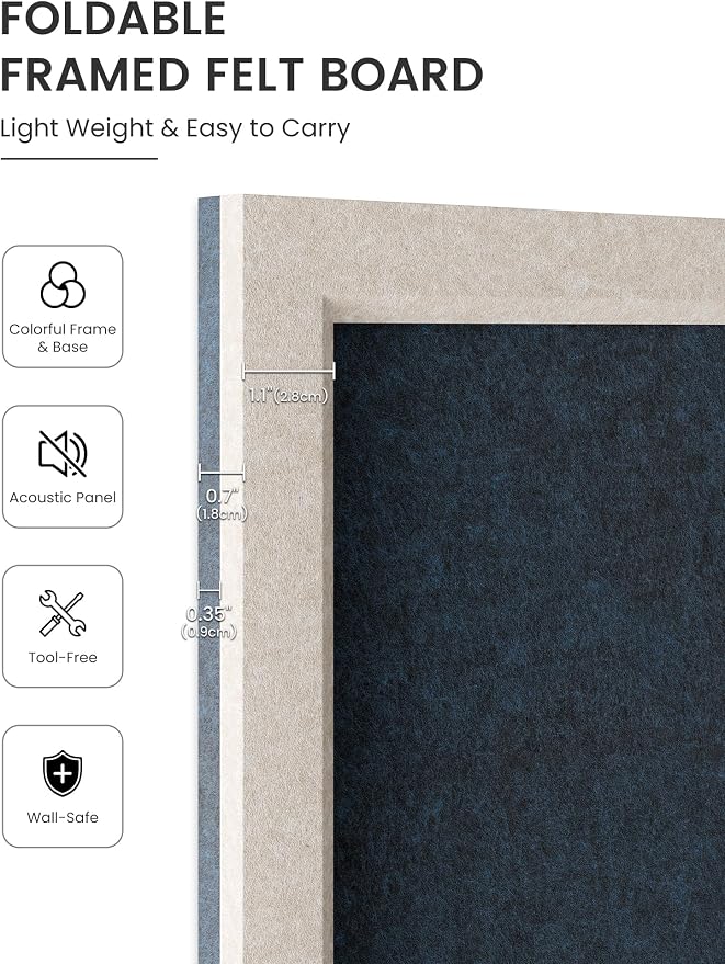 Fluxynara 47.2" x 23.6" Felt Frame Bulletin Board, Carbon Blue | Cork Board Alternative with 36 Removable Adhesive Tabs, Foldable Pin Board for Wall, Home, Office, Classroom & Dorm
