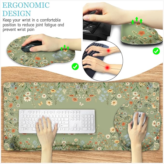LIMKRIAN Floral Desk Mat Set, Cute Green Desk Accessories Gifts for Women | Mouse Pad with Gel Wrist Rest, XXL Large Desk Pad, Ergonomic Keyboard Wrist Support, Stitched Edges, Cup Coaster, Desk Decor