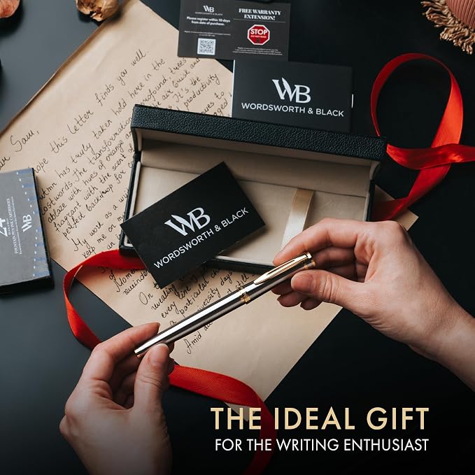 Wordsworth & Black Luxury Fountain Pen Set for Writing, Broad Nib, Silver | Gift for Men & Women, Brass Body, 18K German Iridium, Calligraphy, Converter + 24 Ink Cartridges, Refillable, Leak-Free