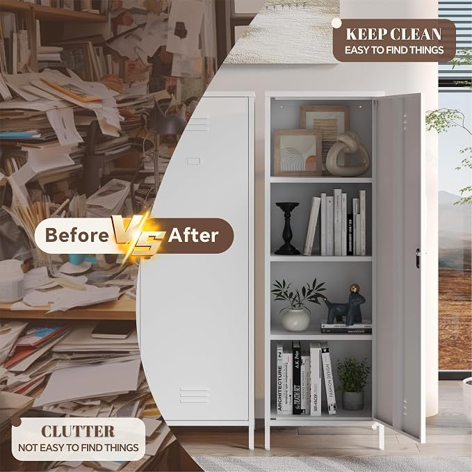 Metal Locker Cabinet, White Kitchen Pantry Storage Cabinet 59" Garage Steel Tool File Cabinets with Doors and Adjustable Shelves for Office,Garage
