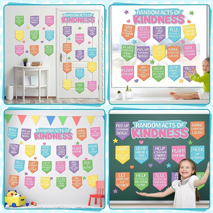 Random Acts of Kindness Bulletin Board Set Colorful Motivational Classroom Bulletin Decorations Rainbow Flip Kind Challenge Cutouts for Back to School Office Home Chalkboard Decor Wall Door