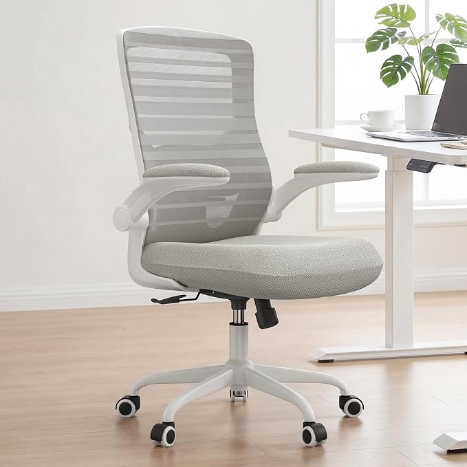 Office Desk Chair for Long Hours & Lower Back Pain Relief – 4“ Thick Molded Foam Cushion, Enhanced Lumbar Support, Padded Flip-up Armrests, Ideal for Office or Study (Light Gray)