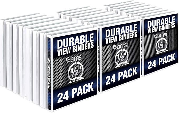 Samsill 24 Pack Durable 0.5 Inch 3 Ring Binders, Round Ring, Clear View Cover for Presentations, White