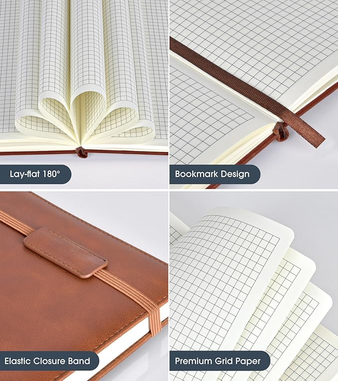 Graph Paper Notebook Journal for Women Men,140 Pages Hardcover Grid Notebooks for Work & School,Leather Journals for Writing, Graphing Paper Notebook 5.7"×8.3" (Brown)