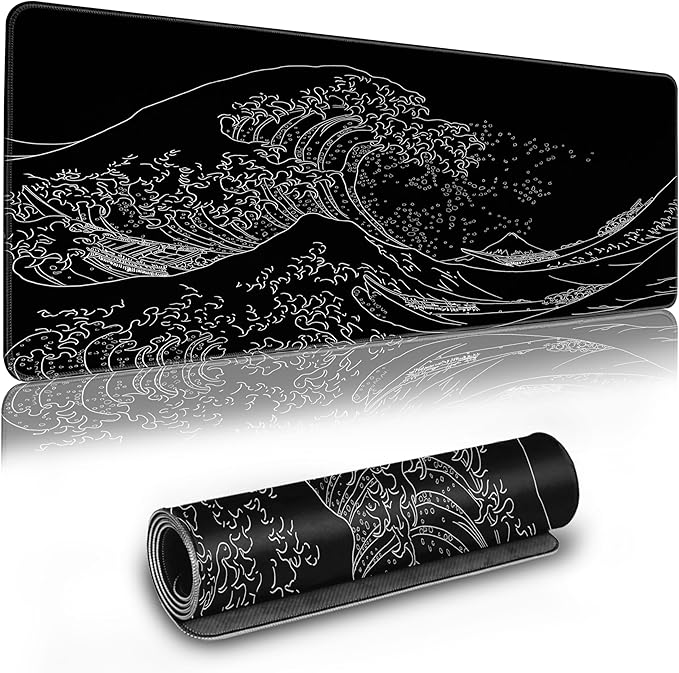 Long Gaming Mouse Pad Extended Anime Large Desk Pad with Non-Slip Base Full Keyboard Mat with Stitched Edges for Gaming and Office 31.5 x 11.8 inches (Black Wave)