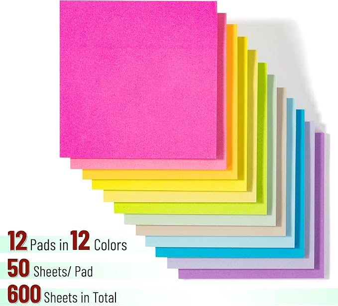 Mr. Pen- Sticky Notes, 3”x3”, 12 Pads, 600 Sheets | Bulk Sticky Notes, Self-Stick Note Pads, Perfect for Office, School, Home, Study & Organization