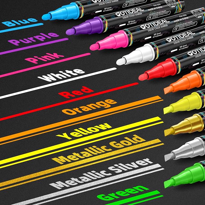 GOTIDEAL Liquid Chalk Markers, 10 Colors, 6 mm Bold & Chisel Tip | Erasable Chalk Board Pens,Window markers for Glass Washable, Blackboard, Car, Glass, Calendar, Sign, Menu Diy Painting