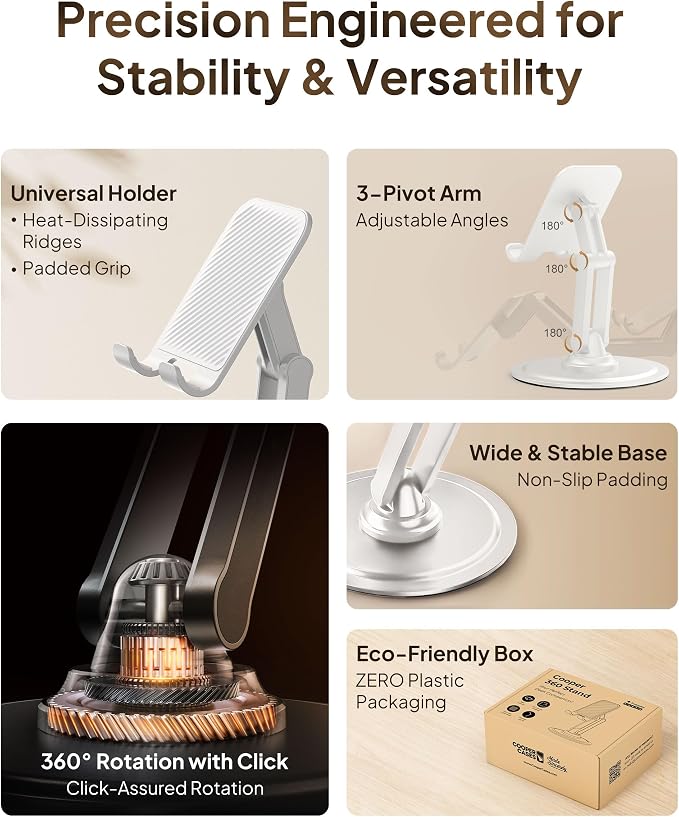 COOPER 360° Stand, Rotating Cell Phone Stand for Desk | Sturdy Metal Base, Foldable, Portable | Cell Phone Holder for Desk (Cream White) | 360° Click Rotating, Adjustable, Foldable, Portable, Metal Base, Cell Phone Holder for Desk; Fits all Samsung, An...