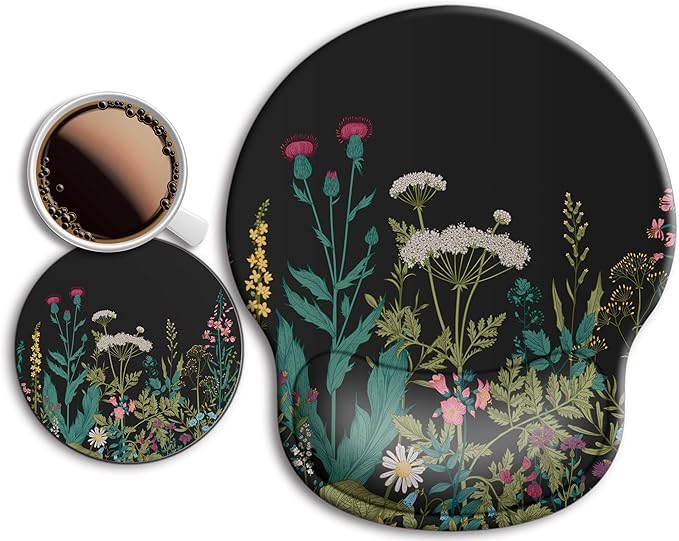 Ergonomic Mouse Pad with Wrist Support Rest,Large Mousepad Gel Wrist Rest, with Coaster Non-Slip & Pain Relief for Computer, Desk, Home&Office-Flowers2