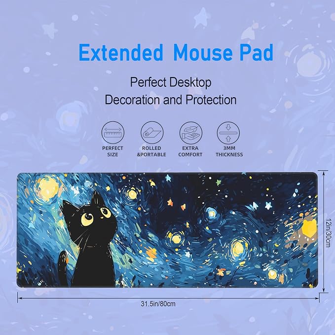 Starry Night Black Cat Mouse Pad,Blue Anime Large Desk Mat,31.5x12in | Cute Kitty Van Gogh Dreamy Star Mousepad,Fade Resistant Stitched Edge XL Gaming Keyboard mat for Office Home,80x30 cm