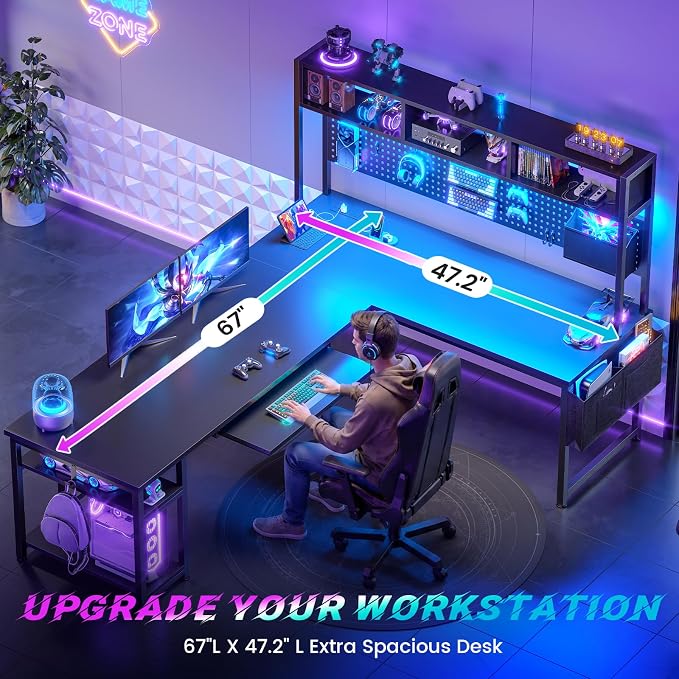 SEDETA 67" L Shaped Gaming Desk with Pegboard LED Lights and Power Outlet | Reversible Computer Desk with Keyboard Tray Hutch and Stoage Bag for Home Office, Black