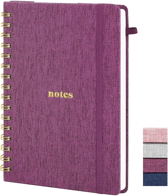 A5 Spiral Notebook, Fabric Hardcover College Ruled Journal | 100GSM Paper 160 Lined Pages, 5.7"x8.39" Steno Pads with Elastic Band & Pen Loop, for Work, School Note Taking (Purplish-red)