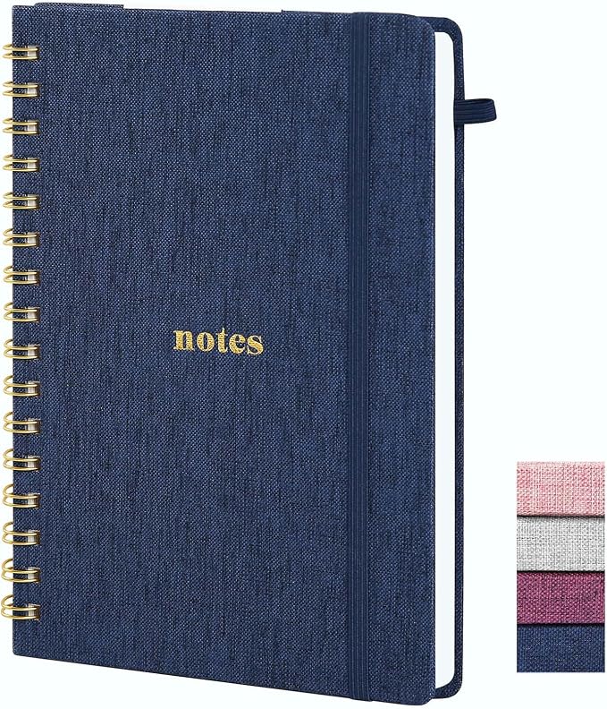 A5 Spiral Notebook, Fabric Hardcover College Ruled Journal | 100GSM Paper 160 Lined Pages, 5.7"x8.39" Steno Pads with Elastic Band & Pen Loop, for Work, School Note Taking (Dark Blue)