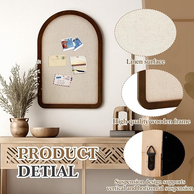 Vintage Framed Pin Board Linen Display Bulletin Board Large Ornate Fabric Picture Photo Pinboard Memo Decorative Prayer Pinboard Ornate for Wall Gift(Arch,20'' X 30'',Farmhouse Brow)